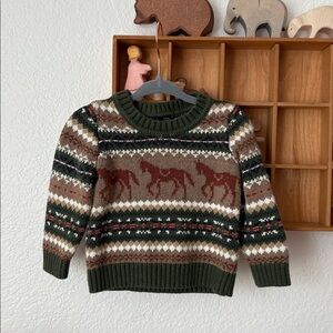 Janie and Jack Olive Striped Horse Fair Isle Sweater